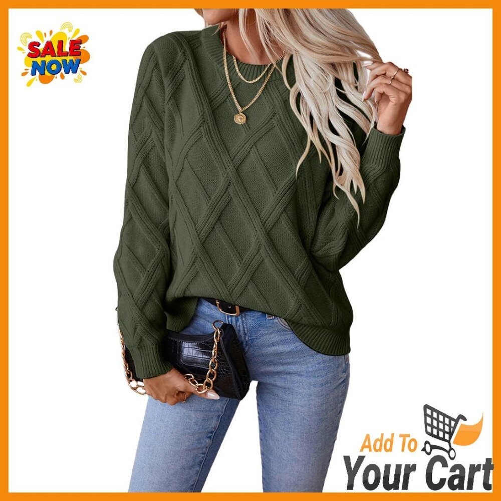 Cable Knit Crewneck Sweater, Viscose Blend, Fall Winter Tops - Picture 1 of 7